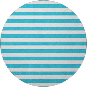 HomeRoots 8' Teal and Ivory Striped Washable Round Rug - Durable, Stain-Resistant with UV Protection for Homes 647671