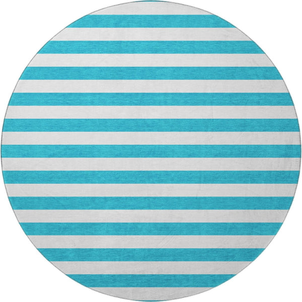 HomeRoots 8' Teal and Ivory Striped Washable Round Rug - Durable, Stain-Resistant with UV Protection for Homes 647671