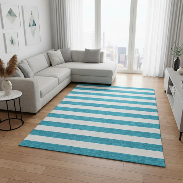 HomeRoots 8' X 10' Stylish Teal and Ivory Striped Area Rug - Washable, Stain Resistant, UV Protected, Durable! 647672