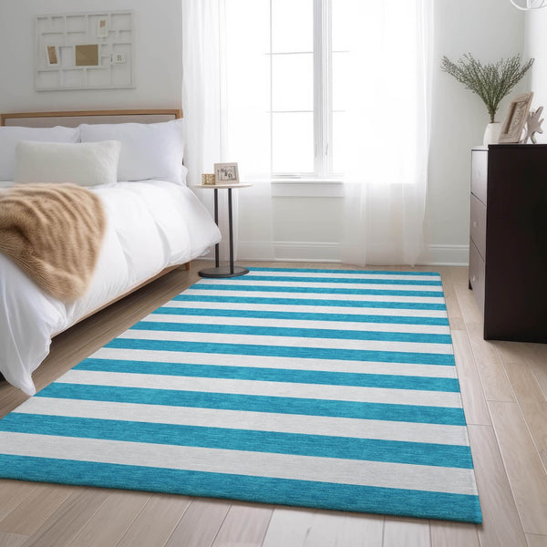 HomeRoots 8' X 10' Stylish Teal and Ivory Striped Area Rug - Washable, Stain Resistant, UV Protected, Durable! 647672