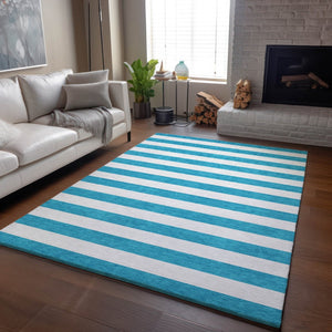 HomeRoots 8' X 10' Stylish Teal and Ivory Striped Area Rug - Washable, Stain Resistant, UV Protected, Durable! 647672