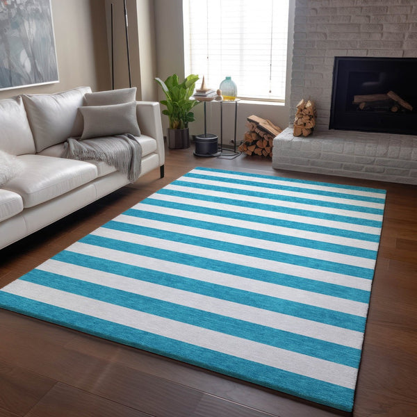 HomeRoots 8' X 10' Stylish Teal and Ivory Striped Area Rug - Washable, Stain Resistant, UV Protected, Durable! 647672