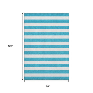 HomeRoots 8' X 10' Stylish Teal and Ivory Striped Area Rug - Washable, Stain Resistant, UV Protected, Durable! 647672