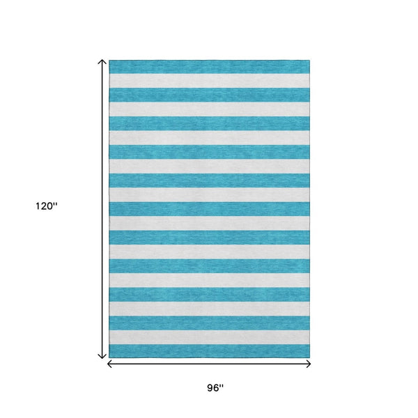 HomeRoots 8' X 10' Stylish Teal and Ivory Striped Area Rug - Washable, Stain Resistant, UV Protected, Durable! 647672