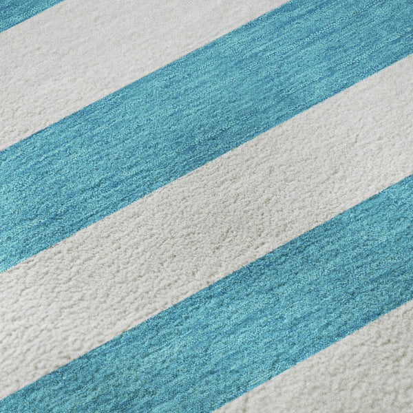HomeRoots 9' X 12' Teal and Ivory Striped Area Rug - Washable, UV Protected, Ideal for Busy Homes & Outdoor Use 647673