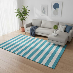 HomeRoots 9' X 12' Teal and Ivory Striped Area Rug - Washable, UV Protected, Ideal for Busy Homes & Outdoor Use 647673