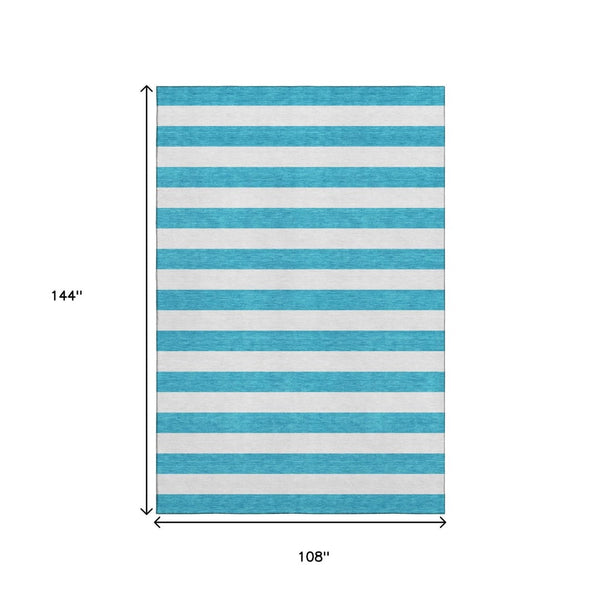 HomeRoots 9' X 12' Teal and Ivory Striped Area Rug - Washable, UV Protected, Ideal for Busy Homes & Outdoor Use 647673