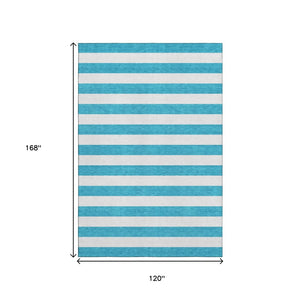 HomeRoots 10' X 14' Teal and Ivory Striped Area Rug - Durable, Washable, UV-Resistant for Stylish Spaces 647674