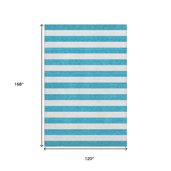 HomeRoots 10' X 14' Teal and Ivory Striped Area Rug - Durable, Washable, UV-Resistant for Stylish Spaces 647674