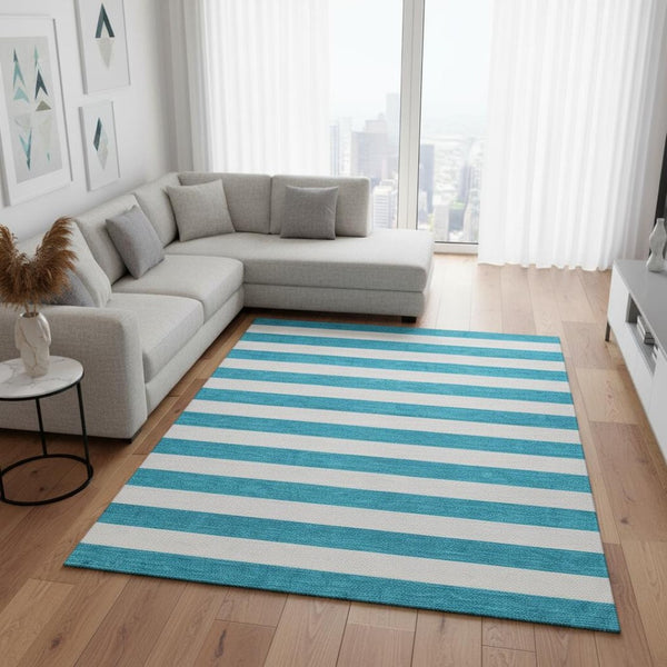 HomeRoots 10' X 14' Teal and Ivory Striped Area Rug - Durable, Washable, UV-Resistant for Stylish Spaces 647674