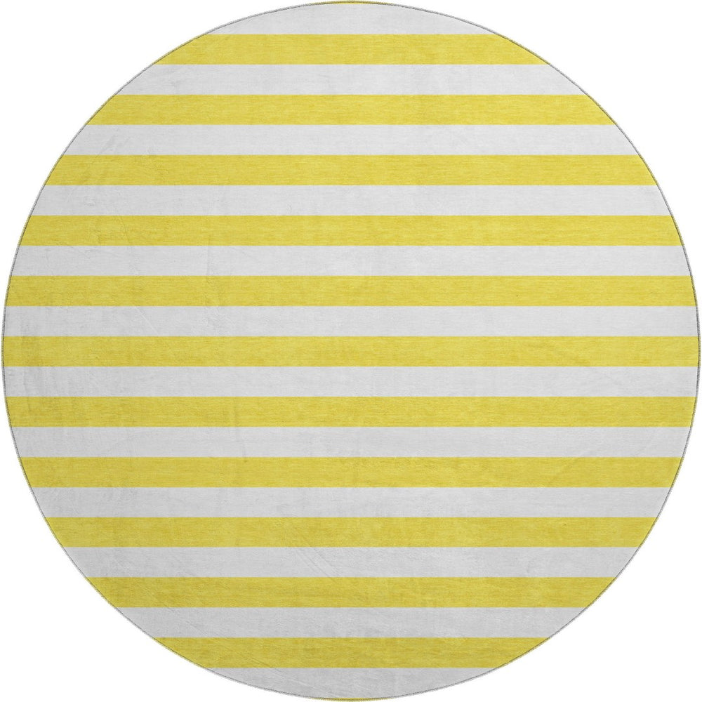HomeRoots 8' Washable Round Rug in Yellow and Ivory Stripes - UV Protected, Durable, and Easy-Care Design! 647677