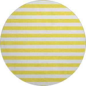 HomeRoots 8' Washable Round Rug in Yellow and Ivory Stripes - UV Protected, Durable, and Easy-Care Design! 647677