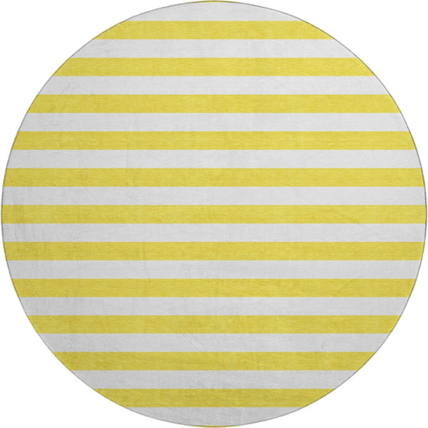 HomeRoots 8' Washable Round Rug in Yellow and Ivory Stripes - UV Protected, Durable, and Easy-Care Design! 647677