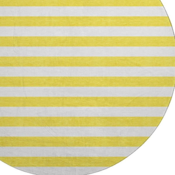 HomeRoots 8' Washable Round Rug in Yellow and Ivory Stripes - UV Protected, Durable, and Easy-Care Design! 647677