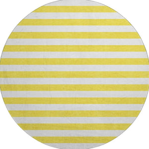 HomeRoots 8' Washable Round Rug in Yellow and Ivory Stripes - UV Protected, Durable, and Easy-Care Design! 647677