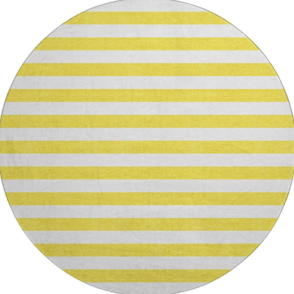 HomeRoots 8' Washable Round Rug in Yellow and Ivory Stripes - UV Protected, Durable, and Easy-Care Design! 647677