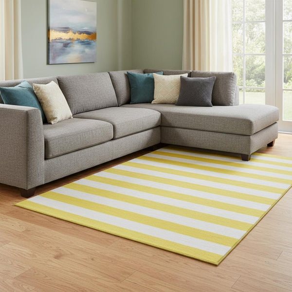 HomeRoots 10' X 14' Yellow and Ivory Striped Area Rug - UV Protected, Washable, Stain-Resistant for Easy Care 647680