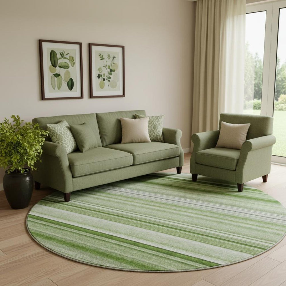 HomeRoots 8' Fern Green and Ivory Striped Washable Round Rug - Durable, UV-Protected, Perfect for Family Spaces! 647683