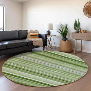 HomeRoots 8' Fern Green and Ivory Striped Washable Round Rug - Durable, UV-Protected, Perfect for Family Spaces! 647683