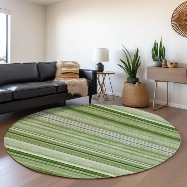 HomeRoots 8' Fern Green and Ivory Striped Washable Round Rug - Durable, UV-Protected, Perfect for Family Spaces! 647683