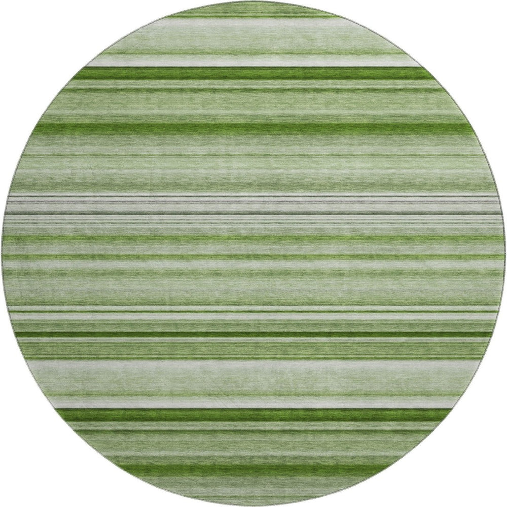 HomeRoots 8' Fern Green and Ivory Striped Washable Round Rug - Durable, UV-Protected, Perfect for Family Spaces! 647683