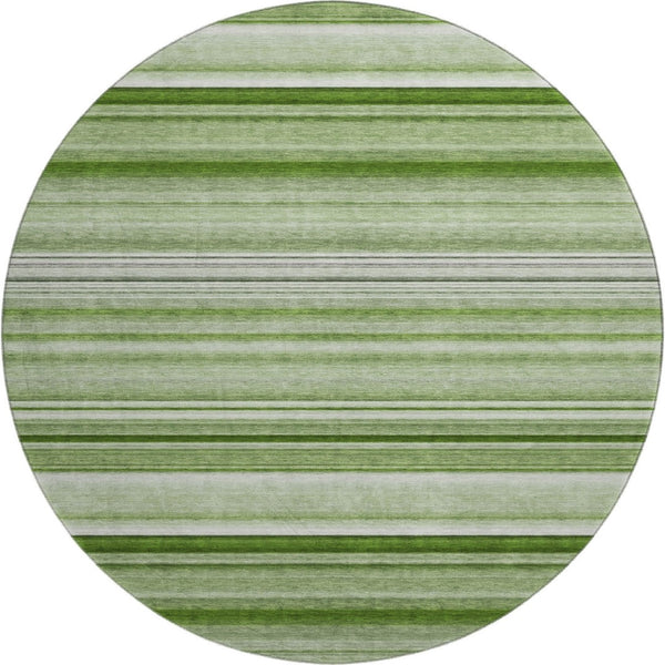 HomeRoots 8' Fern Green and Ivory Striped Washable Round Rug - Durable, UV-Protected, Perfect for Family Spaces! 647683