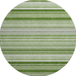 HomeRoots 8' Fern Green and Ivory Striped Washable Round Rug - Durable, UV-Protected, Perfect for Family Spaces! 647683