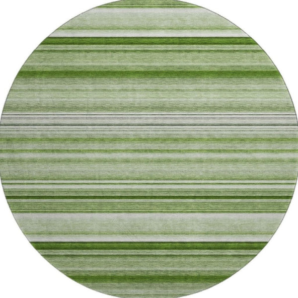 HomeRoots 8' Fern Green and Ivory Striped Washable Round Rug - Durable, UV-Protected, Perfect for Family Spaces! 647683