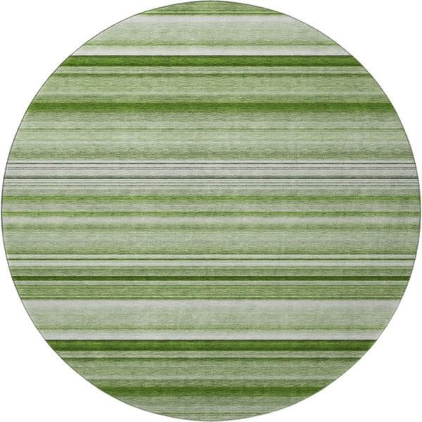 HomeRoots 8' Fern Green and Ivory Striped Washable Round Rug - Durable, UV-Protected, Perfect for Family Spaces! 647683