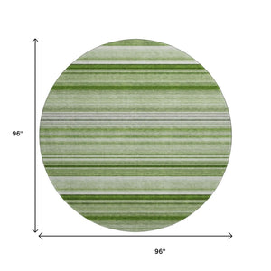HomeRoots 8' Fern Green and Ivory Striped Washable Round Rug - Durable, UV-Protected, Perfect for Family Spaces! 647683