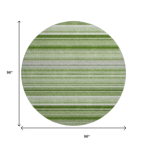 HomeRoots 8' Fern Green and Ivory Striped Washable Round Rug - Durable, UV-Protected, Perfect for Family Spaces! 647683