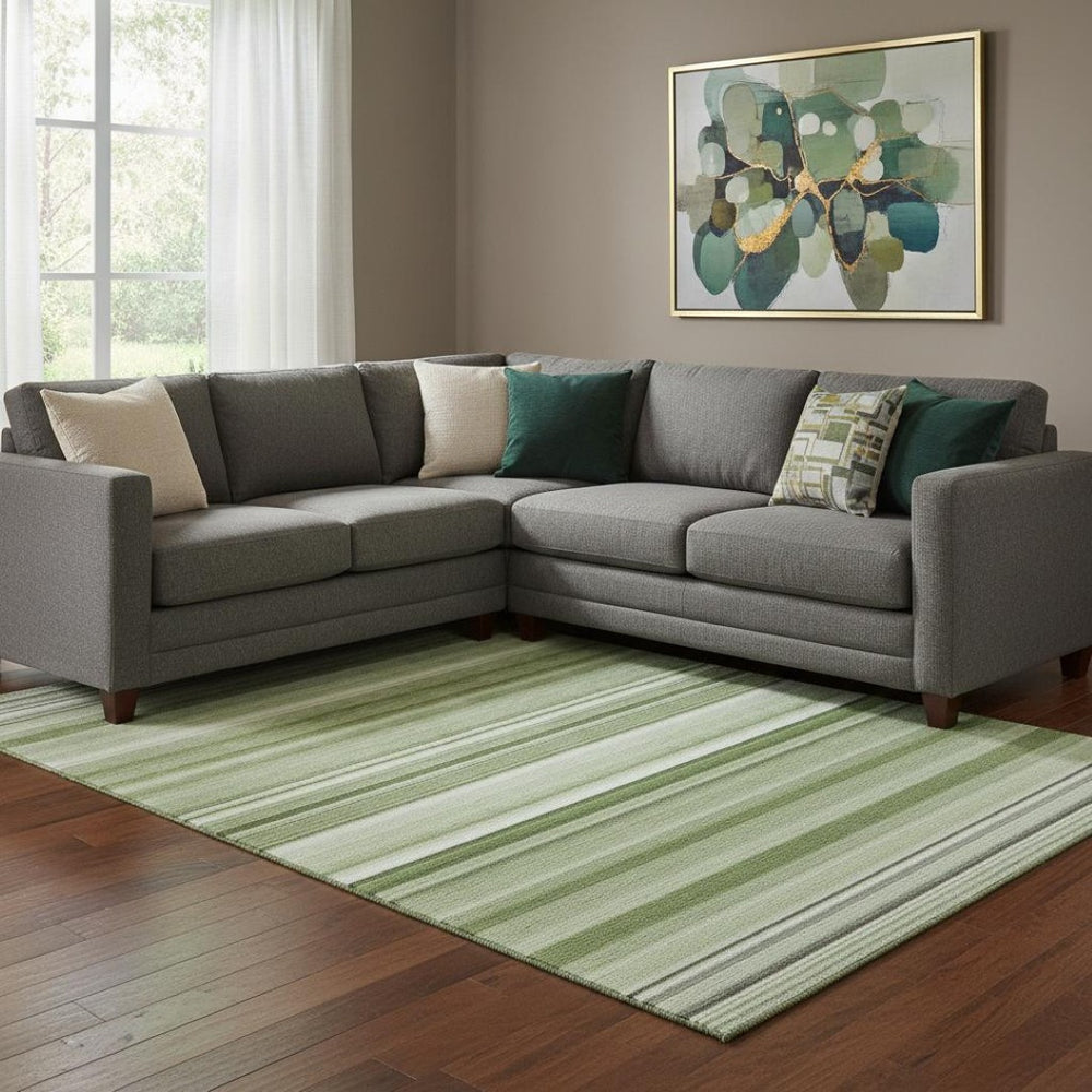 HomeRoots 9' X 12' Fern Green Striped Area Rug - Washable, UV-Protected, Durable & Perfect for High Traffic Areas 647685