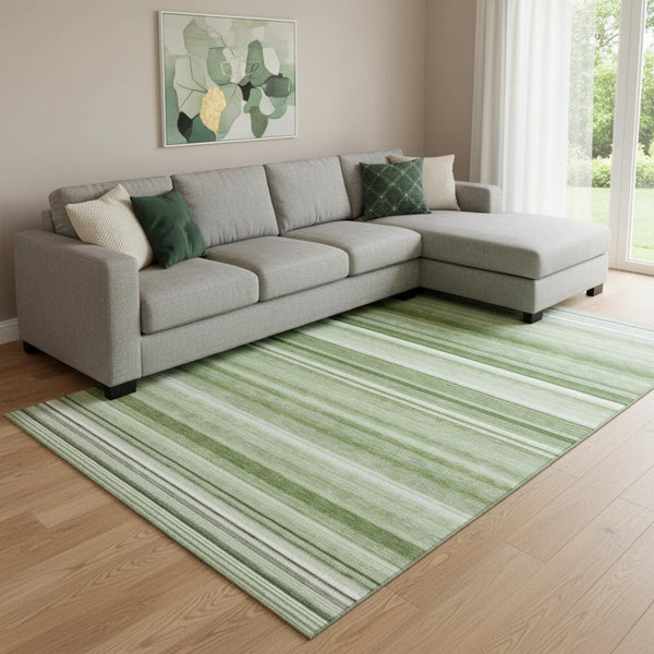 HomeRoots 10' X 14' Fern Green Striped Washable Area Rug - Stain Resistant, UV Protected, Ideal for High-Traffic Areas 647686