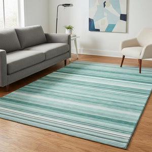 HomeRoots 5' X 8' Aqua and Ivory Striped Washable Area Rug with UV Protection for High-Traffic Spaces 647688