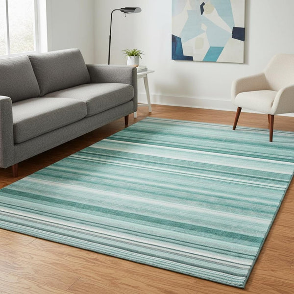 HomeRoots 5' X 8' Aqua and Ivory Striped Washable Area Rug with UV Protection for High-Traffic Spaces 647688