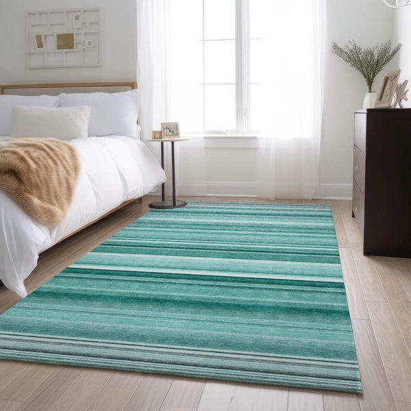 HomeRoots 5' X 8' Aqua and Ivory Striped Washable Area Rug with UV Protection for High-Traffic Spaces 647688