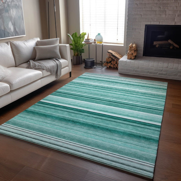 HomeRoots 5' X 8' Aqua and Ivory Striped Washable Area Rug with UV Protection for High-Traffic Spaces 647688