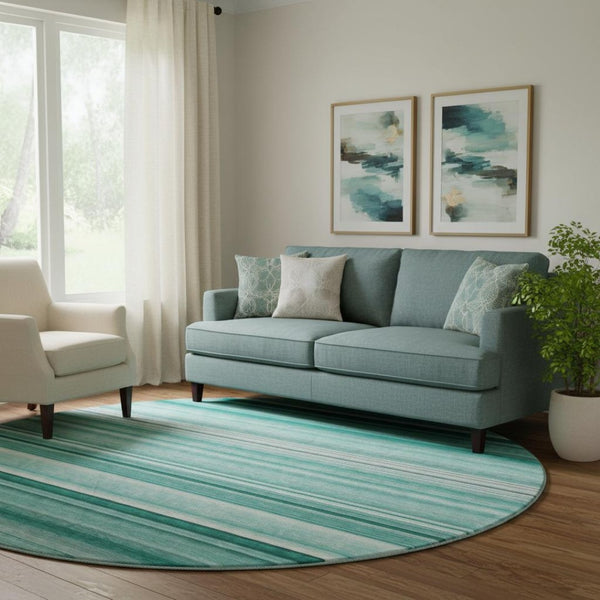 HomeRoots 8' Aqua and Ivory Striped Washable Round Rug - UV Resistant, Stain-Proof, Perfect for Family Living! 647689