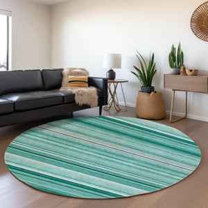 HomeRoots 8' Aqua and Ivory Striped Washable Round Rug - UV Resistant, Stain-Proof, Perfect for Family Living! 647689