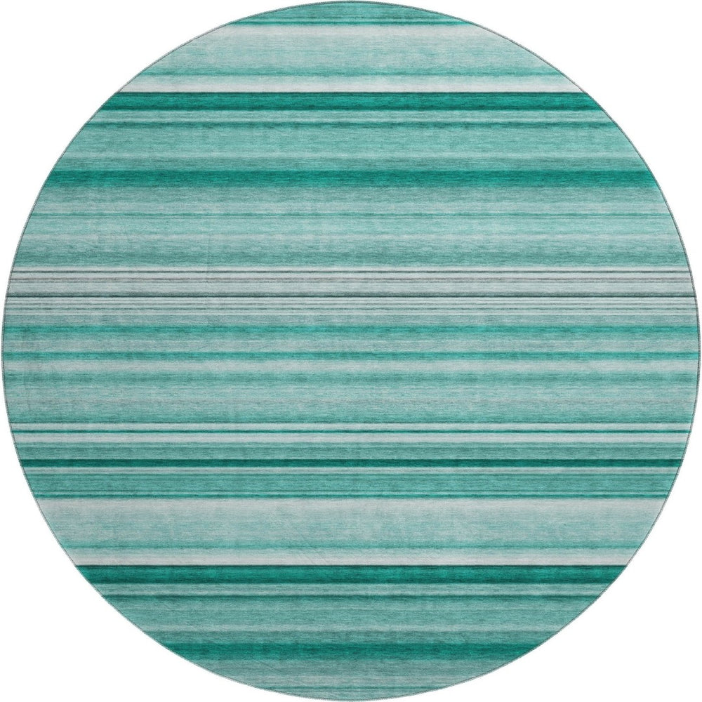 HomeRoots 8' Aqua and Ivory Striped Washable Round Rug - UV Resistant, Stain-Proof, Perfect for Family Living! 647689