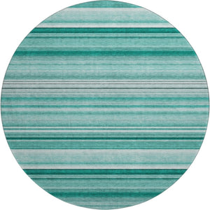 HomeRoots 8' Aqua and Ivory Striped Washable Round Rug - UV Resistant, Stain-Proof, Perfect for Family Living! 647689