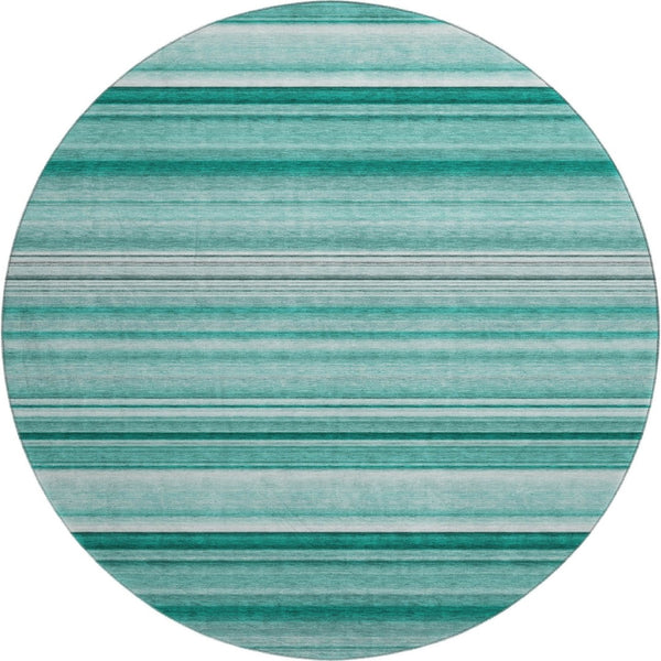 HomeRoots 8' Aqua and Ivory Striped Washable Round Rug - UV Resistant, Stain-Proof, Perfect for Family Living! 647689