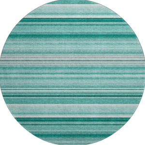 HomeRoots 8' Aqua and Ivory Striped Washable Round Rug - UV Resistant, Stain-Proof, Perfect for Family Living! 647689