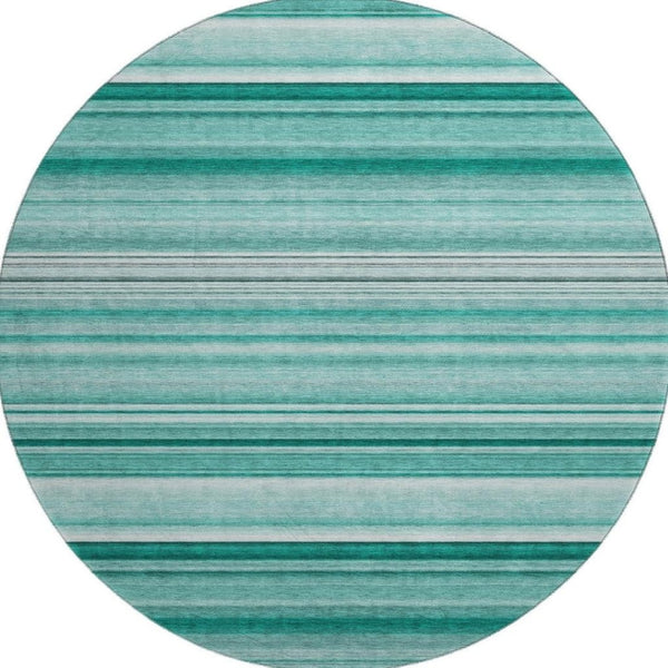 HomeRoots 8' Aqua and Ivory Striped Washable Round Rug - UV Resistant, Stain-Proof, Perfect for Family Living! 647689