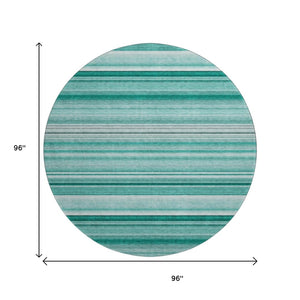 HomeRoots 8' Aqua and Ivory Striped Washable Round Rug - UV Resistant, Stain-Proof, Perfect for Family Living! 647689