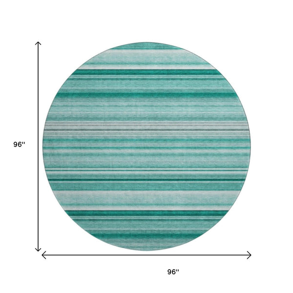 HomeRoots 8' Aqua and Ivory Striped Washable Round Rug - UV Resistant, Stain-Proof, Perfect for Family Living! 647689