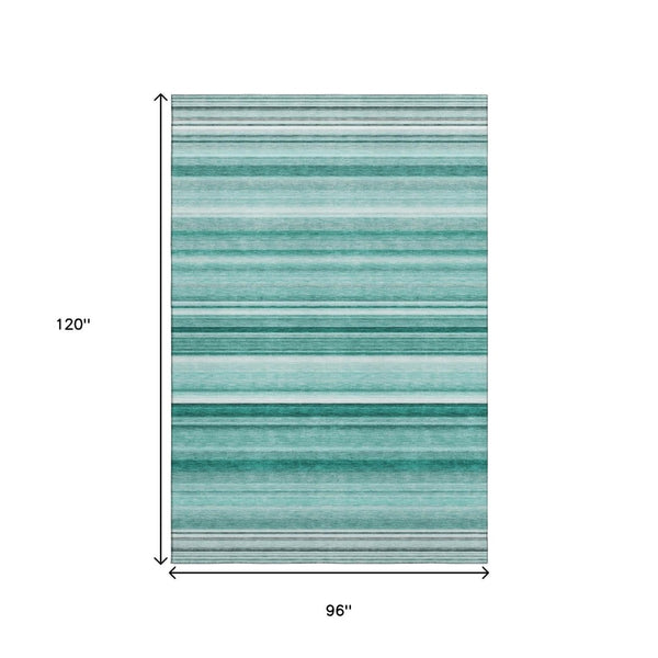 HomeRoots 8' X 10' Aqua and Ivory Striped Area Rug – Washable, UV Protected, Soft, Stain Resistant for Homes 647690