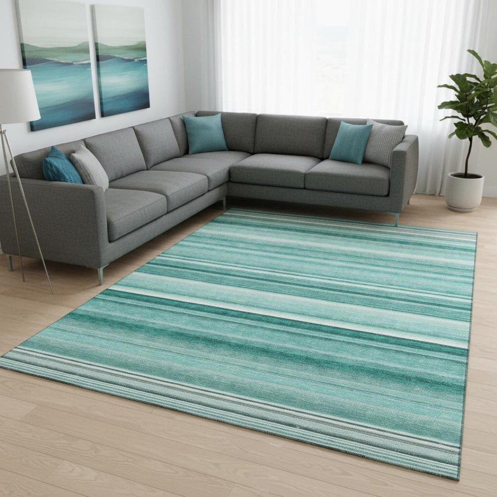 HomeRoots 8' X 10' Aqua and Ivory Striped Area Rug – Washable, UV Protected, Soft, Stain Resistant for Homes 647690
