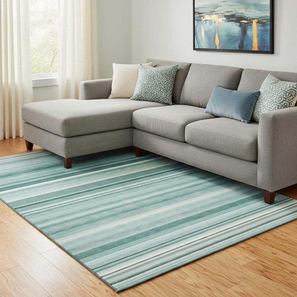 HomeRoots 9' X 12' Aqua & Ivory Striped Area Rug - UV Protected, Stain Resistant, Ideal for Family Spaces 647691