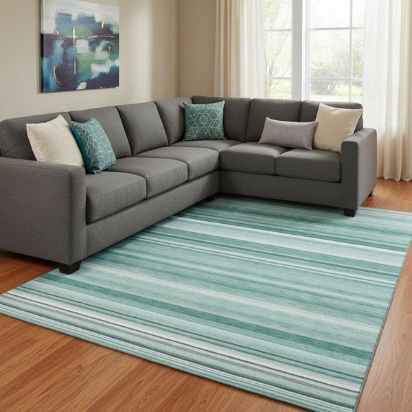 HomeRoots 10' Aqua & Ivory Striped Washable Area Rug - UV Resistant, Durable, Perfect for Busy Homes & Pets 647692